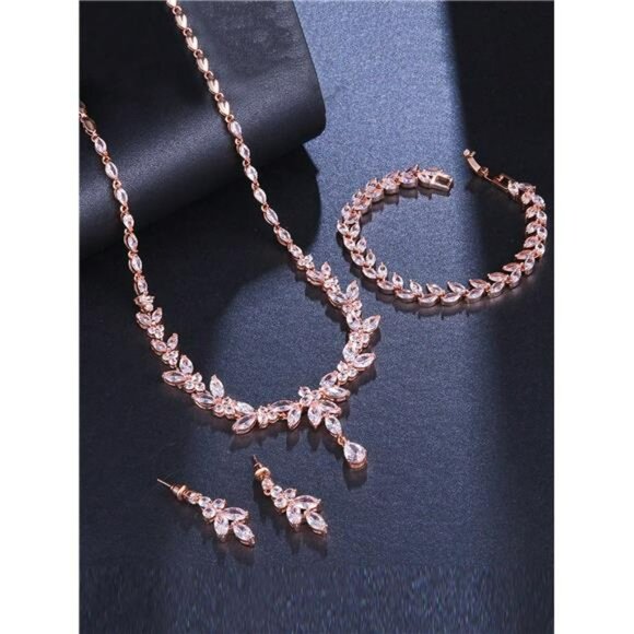 Rose Gold Bridal Jewelry Set 3Pc Rose Gold Rhinestone Necklace Earrings Bracelet - Picture 4 of 5